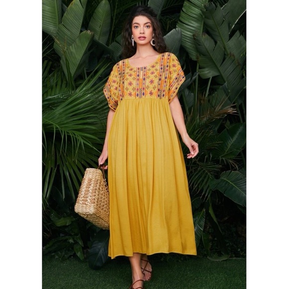 Bohemian Mulvari Embroidery Yoke Maxi Dress Women’s Medium Yellow Gold New Boho - Picture 2 of 6